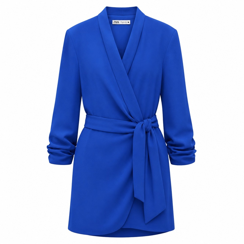 Zara Kimono Wrap Dress Women XL Cobalt Blue Ruched Sleeve Tie Waist 100% Viscose